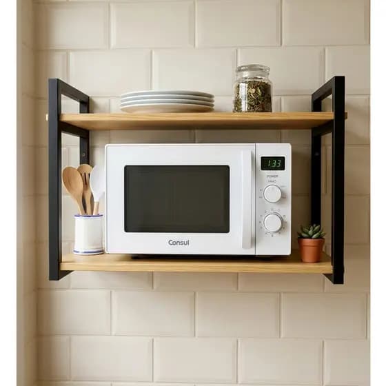 Prateleira Suspensa 50cm industrial  Suporte Microondas Forno Air Frier Impressora Aço Madeira Pinus