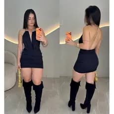 Vestido Curto Feminino Decote Profundo Suplex Poliamida Argola no  Pescoço Halter Tendência Colar 2026 Balada Casul Midi