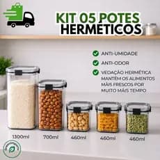 Kit 5 Potes Herméticos Acrílico Organizadores Empilháveis Vedação Forte 1300ml 700ml 460m p Armazenar Alimentos Secos