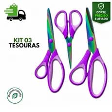 Kit 3 Tesouras Profissionais Titânio Multiuso para Costura Papel Tecido Escolar Cabo Confortável a Melhor do Mercado