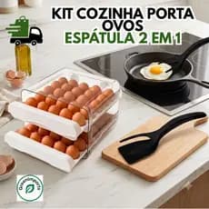Kit Porta Ovos 2 Andares e Espátula 2 em 1 Pega Gira de Cozinha Organizador de Geladeira para Donas de Casa Prático
