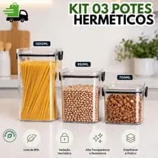 Kit 3 Potes Herméticos Acrílico Cozinha Com Vedação 1300ML 950ML 700ML Organização Mantimentos Alimentos Transparente