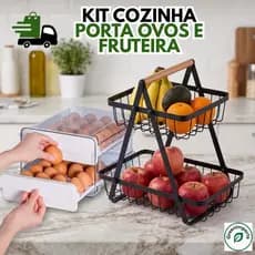 Kit Organizador Cozinha Fruteira Metal + Porta Ovos Acrílico para Lar Moderno Deixar Bancada Organizada e Bonita