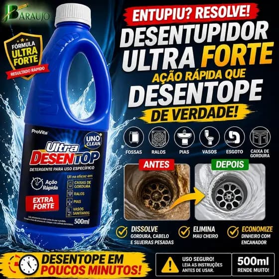 DESENTUPIDOR ULTRA FORTE 500ML – DERRETE GORDURA, CABELO E ENTUPIMENTOS EM MINUTOS - DESENTOP