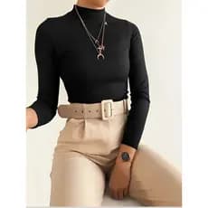 Blusa Feminina Manga Longa Cacharrel Confortável Básico Gola Alta