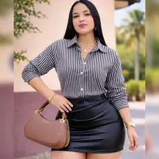 Camisa Feminina Crepinho Listrado Manga Longa Elegante Premium