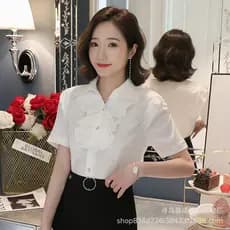 Nova camisa feminina estilo coreano, adequada para primavera e verão, com babados, branca, de manga curta, ideal para mu