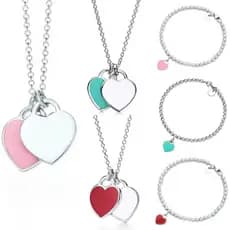 Conjunto Colar e Pulseira Coração Feminino Prata S925 Alta Qualidade | Rosa Vermelho Verde | Com Bolsa de Tecido
