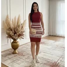 Vestido Midi Feminino Canelado sem Manga Tubinho Casual Básico Listrado de Tricot Tendência Elegante