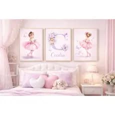 3 Peças Quadros Decorativos Bailarina Lilás Rosa Flores Infantil Decoração Quarto Menina