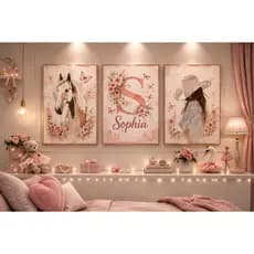 Quadro Para Menina Quarto Infantil Rosa Country Cavalo Flores Kit Decorativo