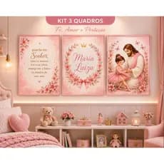 Kit 3 Quadros Para Menina Quarto Bebê Rosa Religioso com Nome