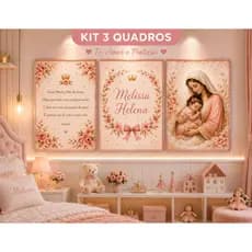 Kit 3 Quadros Para Menina Quarto Bebê Rosa Católico Personalizado