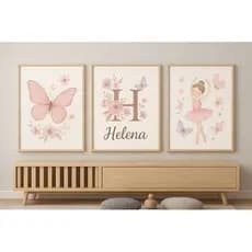Quadros Infantil Menina Sonhe Alto Floral Borboletas com Nome Personalizado 3 Peças