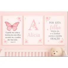 Quadro menina quarto Decorativo 3 Peças Borboleta Com Nome Personalizado