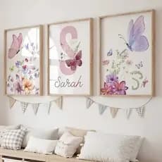 Kit 3 Quadros Decorativos Borboletas Rosa Luxo para Sala Quarto menina bailarina Nome Personalizado