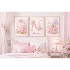 Kit 3 Quadros Infantil Personalizado Floral Rosa Borboleta Luxo