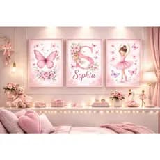 3 peças Quadros Decorativos Borboleta bailarina Rosa Flores infantil Decoração Quarto Sala menina