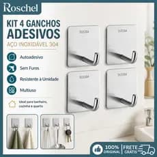 Kit 4 Gancho Aço Inox 304 com Adesivo Reforçado - Suporta 8kg, Instalação Sem Furos