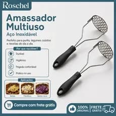 Kit 2 Amassador de Batatas Aço Inox com Cabo De Plastico Prensa Hambúrguer Manual Utensílio Cozinha