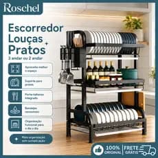 Escorredor Organizador de Louças 2 ou 3 andar Preto Aço Inox Rack Moderno Com Porta Talher e Bandeja