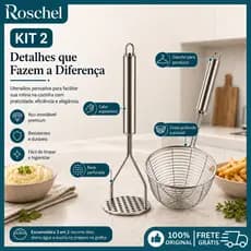 Kit 2 Amassador de Batata Inox e Peneira Escorredora 14cm Cesto 3 em 1 Frituras Purês Legumes