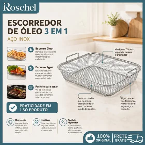 Kit 2 Escorredor de Óleo 3 em 1 Aço Inox com Cabo para Fritura Escorrer Água e Grelhar Churrasco