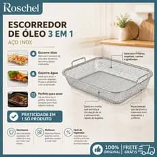 Kit 2 Escorredor de Óleo 3 em 1 Aço Inox com Cabo para Fritura Escorrer Água e Grelhar Churrasco