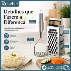KIT 2 Ralador Multifuncional 4 Faces com Amassador de Batata Inox 2 em 1 para Cozinha e Purês