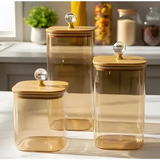Pote porta mantimentos Quadrado de vidro  Âmbar tampa hermética de bambu e Cristal