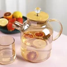 Chaleira Bule de Vidro 1,8Litro vidro borossilicato liso âmbar com tampa de Bambu e Cristal e infusor