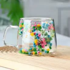 Caneca de Café Colorida Parede Dupla 110ml em Vidro com Flores Secas Design Moderno
