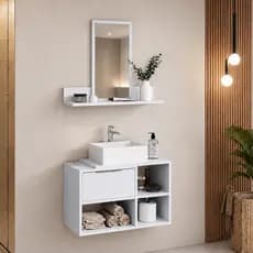 Kit Banheiro Completo Branco – Gabinete Suspenso Moderna e Espelho Decorativo