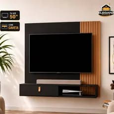 Painel Suspenso Para TV Até 50 Polegadas com Rack e Nicho Moderno, Gaveta – Suporte Sala