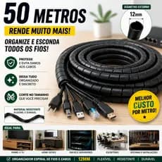 Organizador de Fios 50 Metros 12mm | Espiral para Escritório, Rack, Home Office, Automação e Empresas