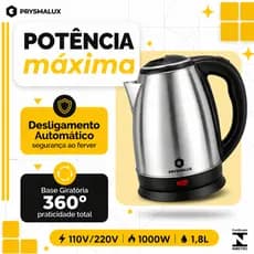 Chaleira Elétrica Inox 1.8L Prysmalux Ferve Rápido Chá Café 110v/220v