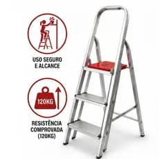 Escada de Alumínio Dupla 3 Degraus Escadinha Dobrável Confortável Doméstica Leve e Profissional