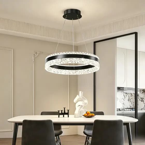 Lustre Pendente Anel de Cristal Luxo, Luz Tricolor , 110V-220V, para Casa, Quarto e Sala de Estar