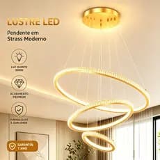 Luminária Pendente LED de Cristal Anular de Luxo - Bivolt, Iluminação Tricolor, Ideal para Sala de Estar e Quarto