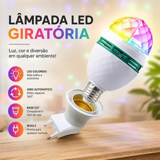 Lâmpada LED Colorida Giratória E27 - Luz RGB Disco Bivolt Ideal para Festas e Ambientes Divertidos