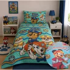 Colcha Cobre Leito Solteiro 1,50x2,40 Matelado Infantil Personagens Dupla Face Com 1 Porta Travesseiro