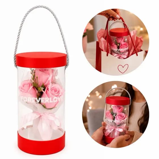 Buquê de Rosa Flores Artificiais Dia dos Namorados Presente Na Caixinha Perfume Rosa e Botão Perfume