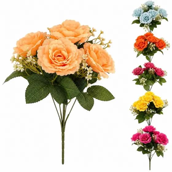 Buquê De Rosas Flores Artificias Para Decoração Rosa e Folhagem Com 7 Galhos Para Casamento Festa