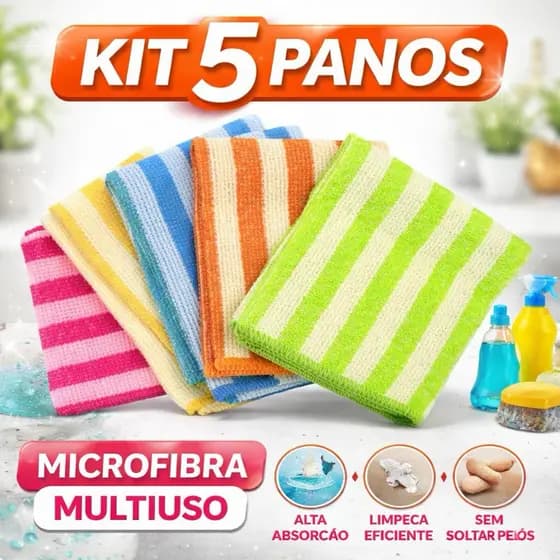 Kit 5 Panos de Limpeza de Microfibra P/ Limpeza Para Banheiro Cozinha Multiuso Super Absorvente