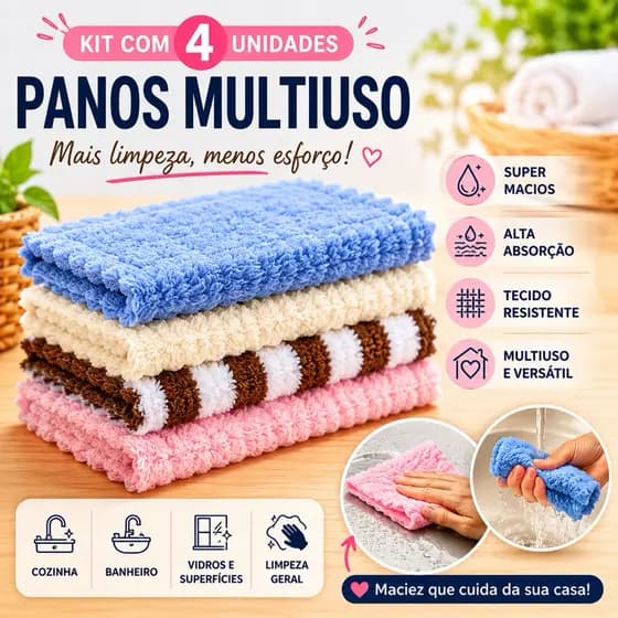Kit 4 Panos de Microfibra para Limpeza Cozinha Toalha Pia Flanela de Limpeza Sortido Banheiro