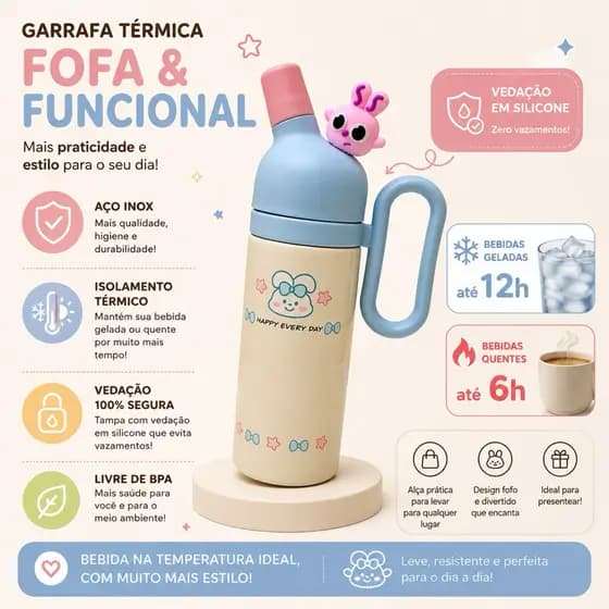 Garrafa Térmica Infantil 800 ML Escolar de Aço Inox De Menina Com Canudo Livre de BPA