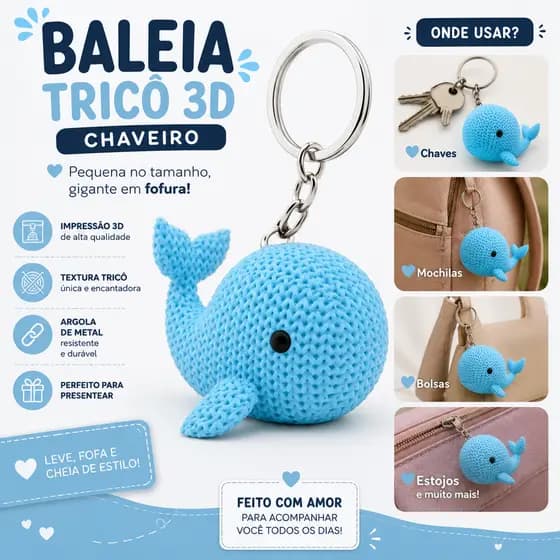 Kit Chaveiros 10 a 40 de 3 a 5cm Baleia Azul para festas Efeito Tricô 3D | Colecionáveis | Lembrancinhas
