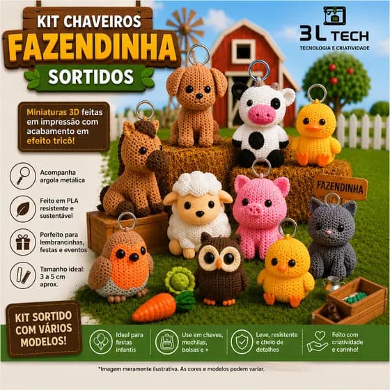 Kit de 10 a 40 Chaveiros Fazendinha Sortidos com Efeito Tricô 3D | Lembrancinhas | Festas Infantis | Colecionáveis