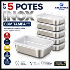 Kit 5 Potes de Aço Inox com Tampa Hermética Grande Capacidade para Alimentos Organizador de Cozinha