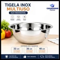 Tigela Inox Grande 32cm 36cm 40cm Saladeira Reforçada Bacia Multiuso Cozinha